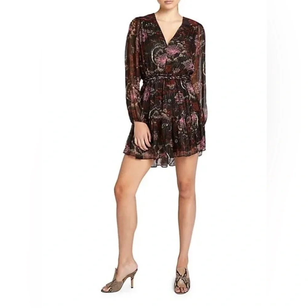 A.L.C. Silk Printed Esme Dress Long Sleeves Brown Multi 2 6 NWT - Picture 1 of 9